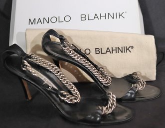Manolo Blahnik Purisca Kid Black High Heels With Silver Chain Size 39