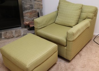 Modernist Swivel Chair In Green Gold Upholstery With Storage Ottoman.