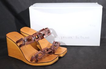Stephanie Kelian Paris Wooden Wedge Sandals With Leather Straps Size 5  In Box