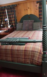 Full Size 4 Post Bed Frame In A Forest Green Finish With Barley Twist Design Includes Mattress And Bedding