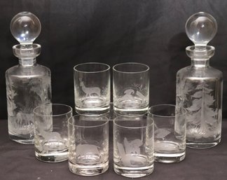 Pair Of Quality Etched Glass Decanters With Stoppers Includes 6 Matching Glasses With Etched Animal Design