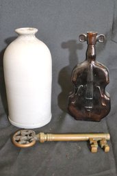 Vintage Brass Fleur De Lis Key Shaped Bottle Opener, Vintage Stoneware Jug From France And Violin Shaped Glass