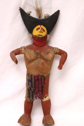 Rare Carved Wooden Shaman Figure With Cloth Adornment And Painted Face With Feathers.