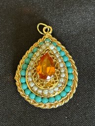 14K YG TEARDROP PENDANT EMBELLISHED WITH PEAR SHAPED CITRINE CENTER STONE W/ TURQUOISE AND SEED PEARL ACCENTS