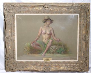 Framed Nude Portrait Pastel By Flora Baldini Giffuni PSA In An Ornate Carved Wood Frame