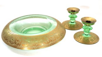 Pretty Vintage Green Uranium Glass Bowl & Candlesticks With Etched Gold Painted Detail