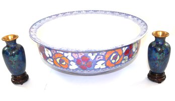 Includes A Large Pottery Bowl By B&L Tudor Leighton & A Pair Of Miniature Blue Cloisonne Vases