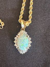 14K YG 18 INCH ROPE CHAIN WITH OPAL PENDANT AND FAUX DIAMOND ACCENTS