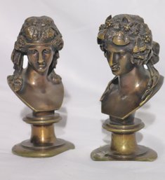 Pair Of Vintage 6- Inch Greek Bronze Bust Include The Immortal Princess Ariande And Bacchus Roman God Of Wine