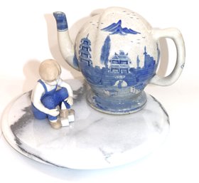 Vintage Grafenthal Germany Porcelain Figurine Of A Little Boy, Asian Kettle With Stamp & Marble Cheese Platter