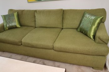 A Vintage Green Textured 3 Seat Sofa With Down Feather Cushions And 2 Silk Accent Pillows.