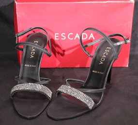 NEW Escada Leather Satin And Shiny Stones High Heeled Sandals In Box.