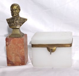 Vintage French Opaline Glass Box With Key And Vintage Figural Brass Bust