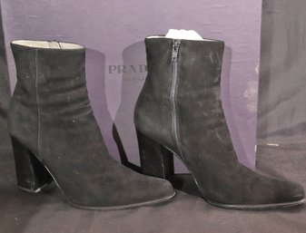 Prada Black Suede High Heeled Zipper Mid-calf Boots Size 38  In Box
