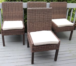 Set Of 4 Rattan Outdoor Side Chairs With Removable Seat Cushions.