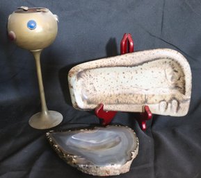 Vintage Ashtray Collection Includes Brass Goblet, Mimosa Polished Stone Tray And Vintage Pottery Ashtray