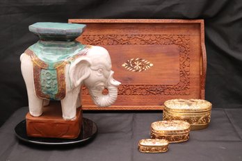 Ceramic Elephant Statue With Pedestal And Wood Tray