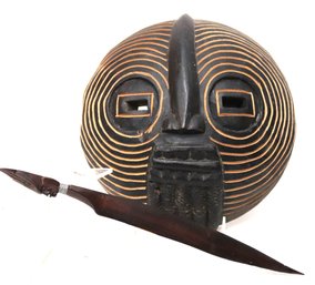 Vintage Carved Wood Round Zebra Mask , Worn During Yam Festivals In Ghana