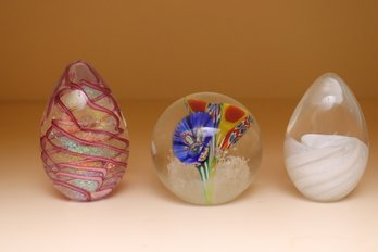 71. Two Beautiful Art Glass Eggs By GES With Sparkles And A Paperweight.