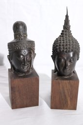 Pair Of Vintage Decorative Cast Metal Buddha Heads Mounted On Wood Block Great For Bookends