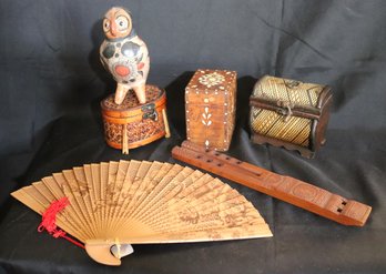 Mother Of Pearl Inlaid Wood Box, Miniature Wood Chest, Fan, Carved Wood Whistle Instrument And Mexican Pottery