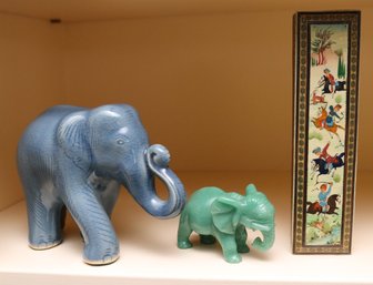 Carved Green Stone Elephant And Blue Ceramic Elephant With Persian Hand Painted Box.