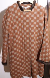 Fun And Funky Hache Wool Checkerboard Pattern Ladies Coat With Fur Trim