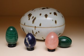 Dansk Ceramic Egg Box And 4 Small, Polished Stone Eggs.