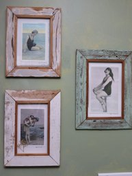 3 Vintage Beach Scene Prints/post Cards Decor, Signed Mazal Suliman In Rustic Wood Frames