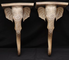 Pair Of Carved Wood Elephant Head Wall Sconces By Hamilton Collection