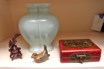 Vintage Decorative Tabletop Items Including Celadon Vase From MOMA, Leather Box, And Ceramic Toucan.