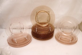 Nine Amber Color Depression Glass Plates, And 2 Sets Of Pink Plates.