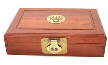 George Zee & Co Ltd. Wood Jewelry Box With Ornate Brass Asian Accented Hardware & Symbol On The Top