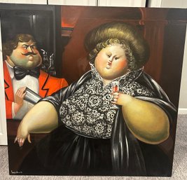 LEANDRO VELASCO PAINTING OF VOLUPTUOUS WOMAN SIPPING APERITIF IN RESTAURANT