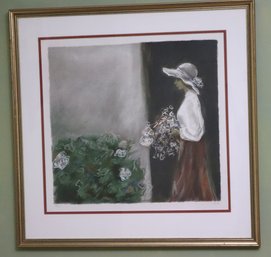 Framed Lithograph Of A Lady With Floral Bouquet Signed By The Artist Kena 4/220, Approx. 24.5 X 24 Inches