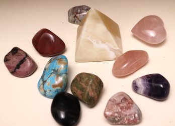 Lot Of 9 Polished Semi-precious Stones, Pink Rose Quartz Heart Agate Pyramid.