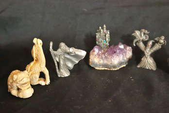 Miniature Collection Includes A Dragon, Foo Dog And Castle On Amethyst Stone And Spoontique Pewter Miniatures