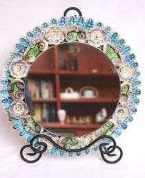 Handcrafted And Signed Ceramic Frame With Round Mirror, On A Black Metal Stand.
