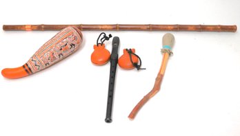 Lot Of Assorted Ethnic Instruments As Pictured Includes An Intricate Carved Rattle, Recorder