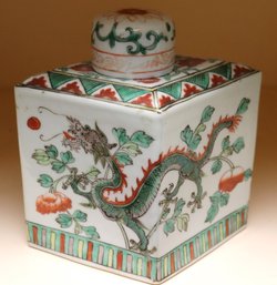 Chinese Ceramic Tea Caddy With Hand Painted Phoenix And Lid