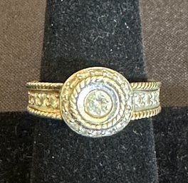 14K YG UNIQUE DIAMOND RING WITH CENTER STONE SURROUNDED BY LIVELY ACCENT STONES PLUS OTHER DIAMOND SIDE STONE