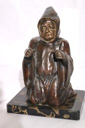 Vintage Bronze Sculpture Of A Resting Monk In Robe On A Marble Base