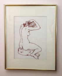 Fine Stitched Artwork Of A Nude Female Figure Posing On A Linen Canvas In Frame