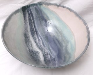 Large Ceramic Pottery Bowl Signed Kolsinson, In Shades Of Blue Inspired By Ocean And Sky.