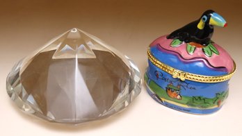 Porcelain Pill Box From Costa Rica And A Large Diamond Shaped Paperweight.