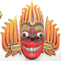 Vintage Hand Carved/Painted Wood Demon Mask From Sri Lanka With Flaming Hair