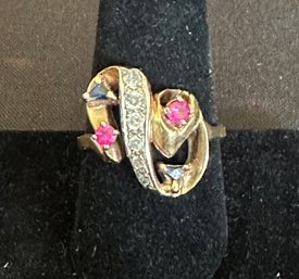 14K YG ABSTRACT STYLE RING WITH LIVELY DIAMONDS, SAPPHIRES, RUBIES - SIZE 10.25