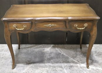 Vintage French Style Wood Writing Desk Made With Quality Tongue And Groove Woodwork And Ornate Brass Accents