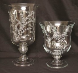 Contemporary Etched Glass Pedestal Urns With Leaf Designs.