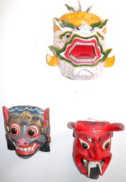 Papier Mache Cambodian Monkey King Mask, Carved Wood Red Demon Mask With Horns, Carved Wood Dragon Face